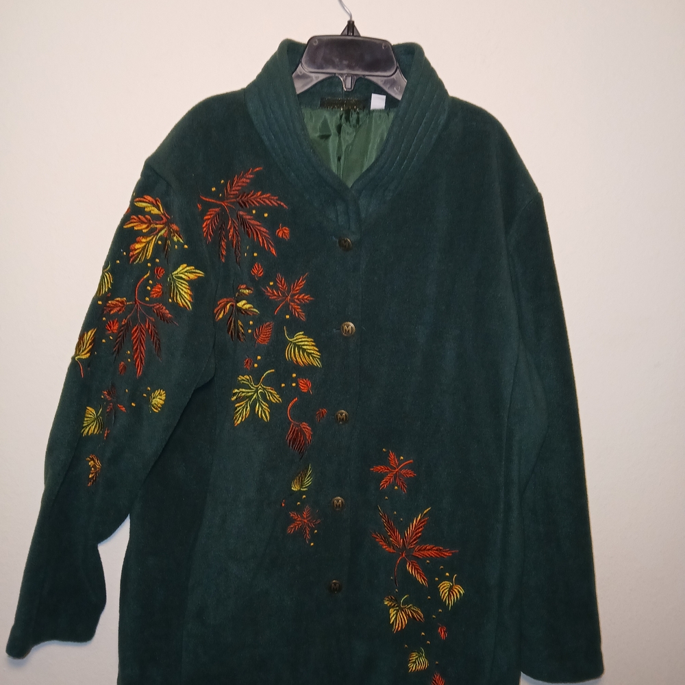 Bob Mackie Wearable Art Women Large Jacket Green Embroidered Floral Leaves